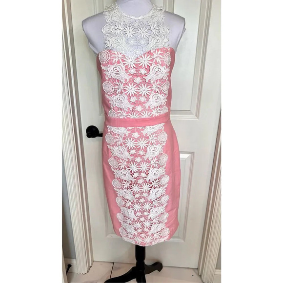 Luna of London Women’s Size 12 Pink Embroidered Lace Sheath Dress Back Zipper - Picture 1 of 12